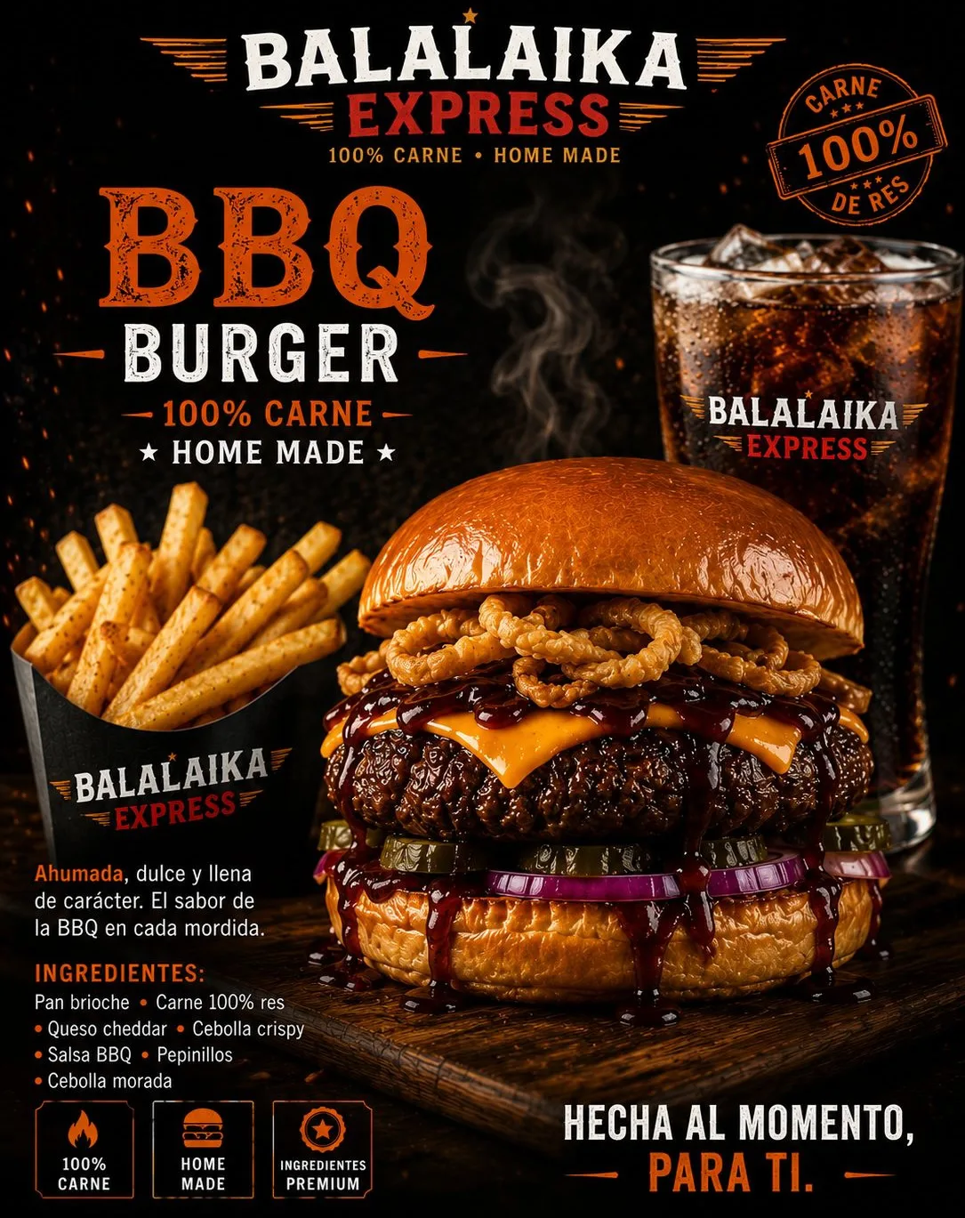 Hamburguesa BBQ de Balalaika Express con papas fritas y refresco