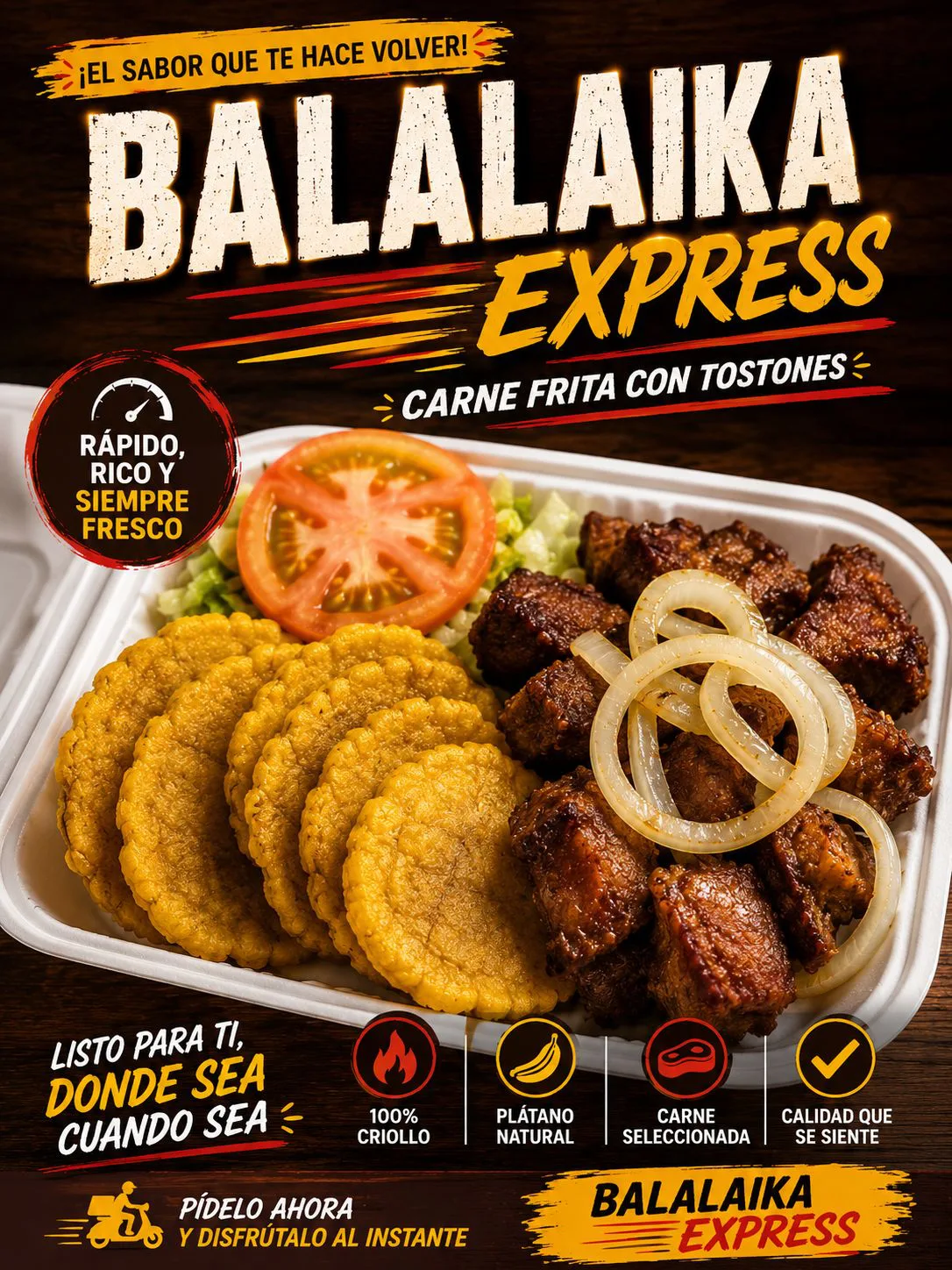 Carne frita con tostones de Balalaika Express