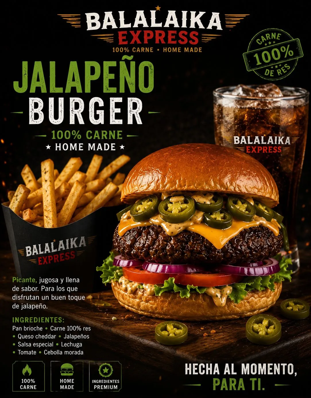 Hamburguesa Jalapeño de Balalaika Express con papas fritas y refresco