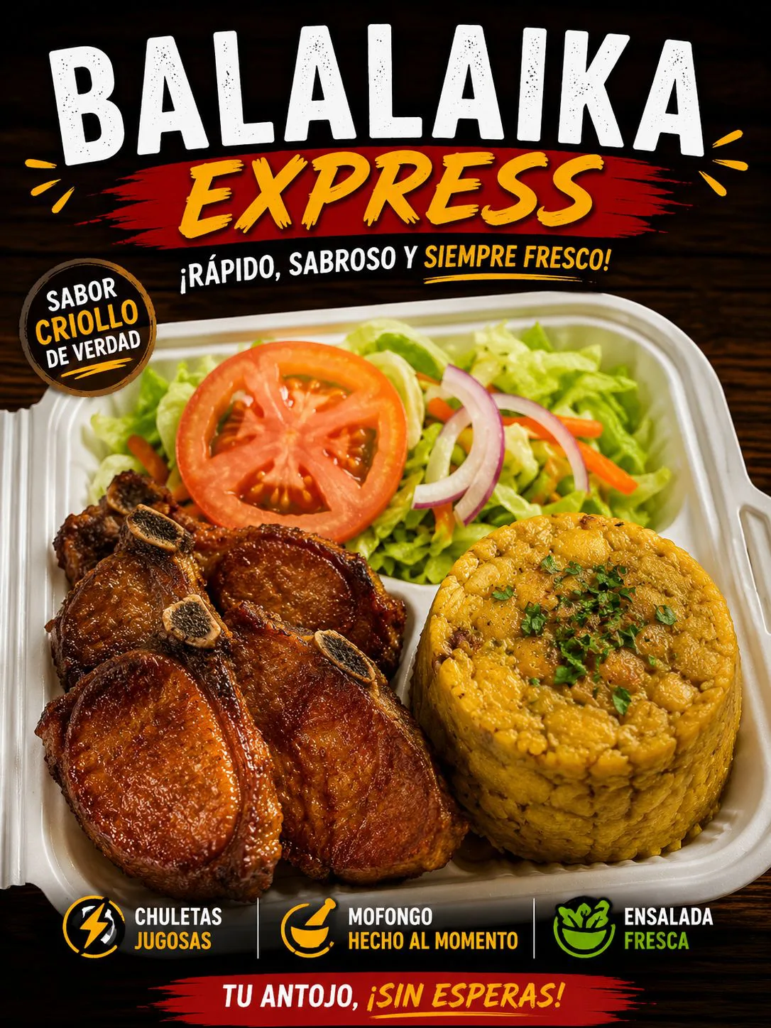 Mofongo servido con acompañantes en Balalaika Express