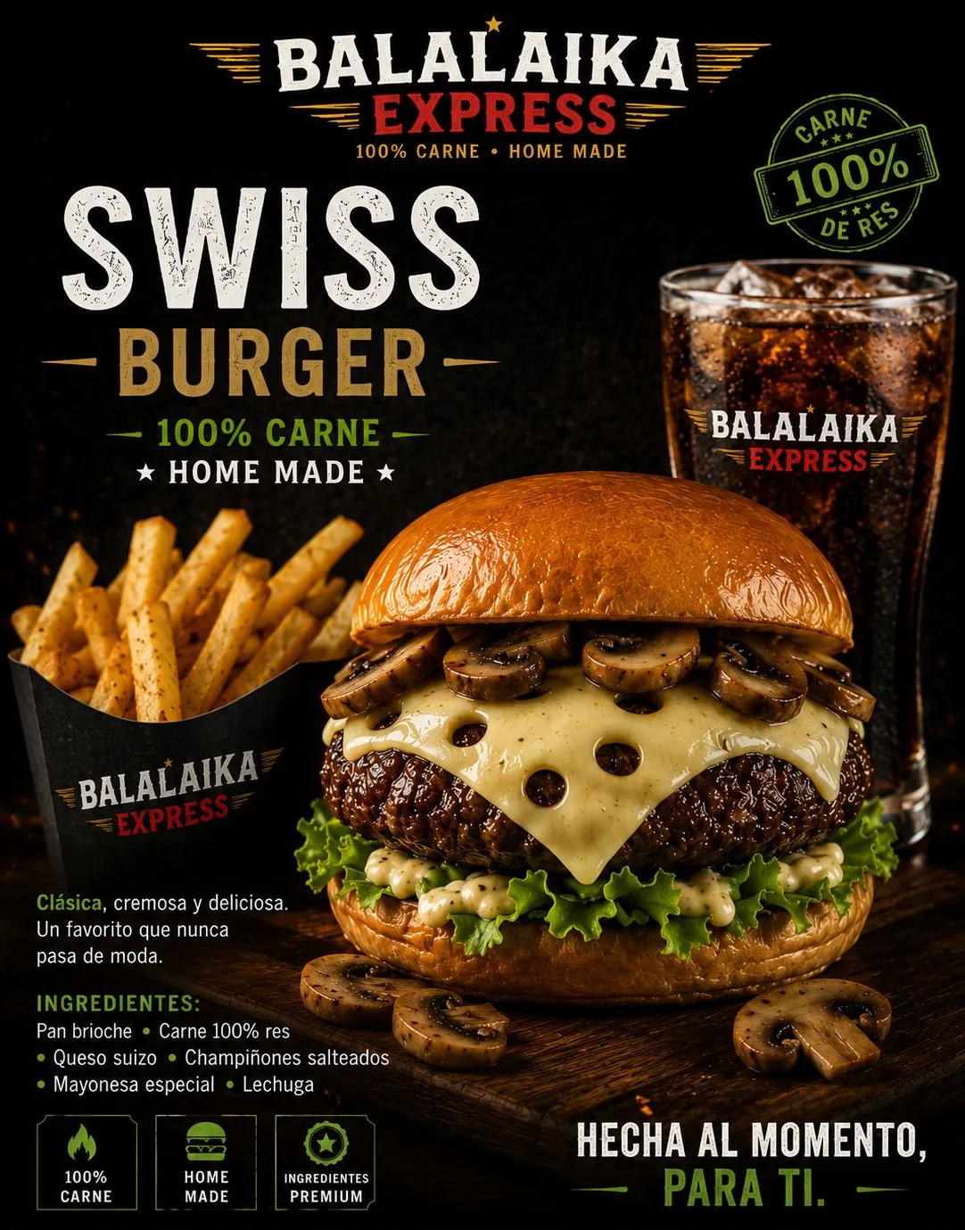 Swiss Burger de Balalaika Express con papas fritas y refresco